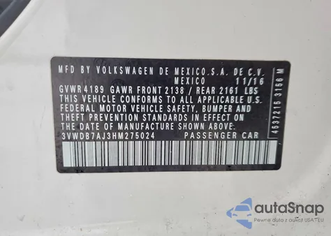 2017 Volkswagen Jetta Se из США, поврежденный, VIN 3VWDB7AJ3HM275024